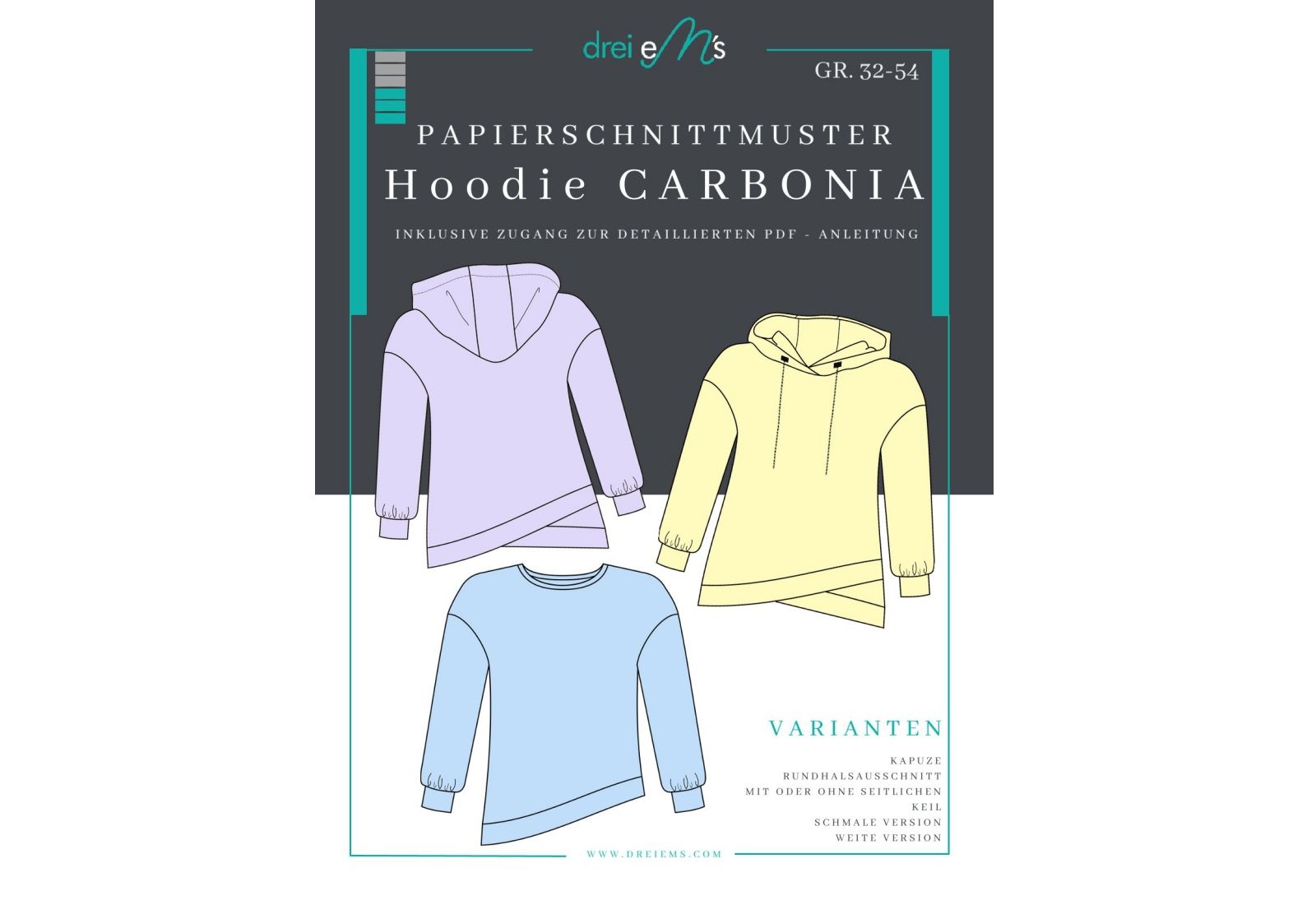 Hoodie Schnittmuster Damen „Carbonia“ – Papierschnittmuster Gr. 32–54