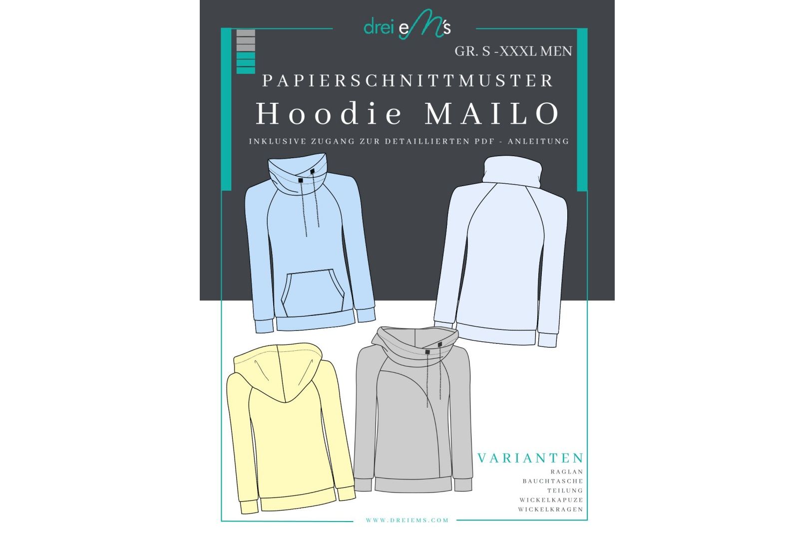 Raglan Hoodie Schnittmuster Damen & Herren „MAILO“ – Papierschnittmuster Gr. S–XXXL