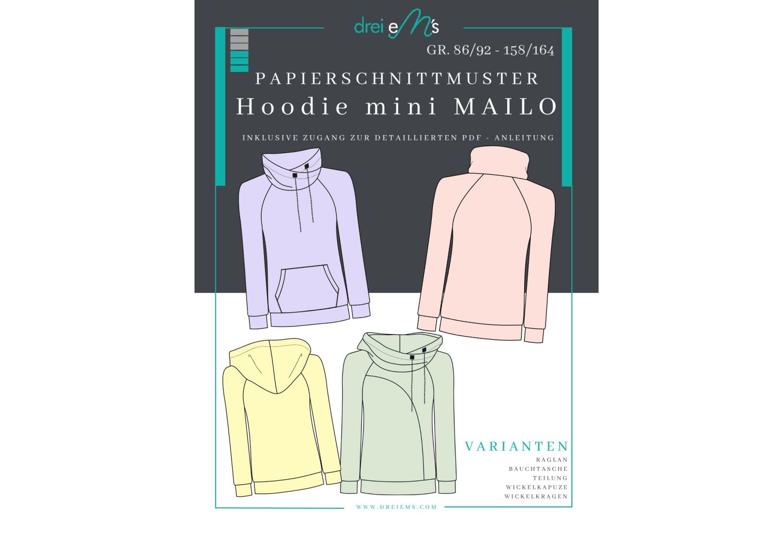 Raglan Hoodie Schnittmuster Kinder „Mini Mailo“ – Papierschnittmuster Gr. 86–164